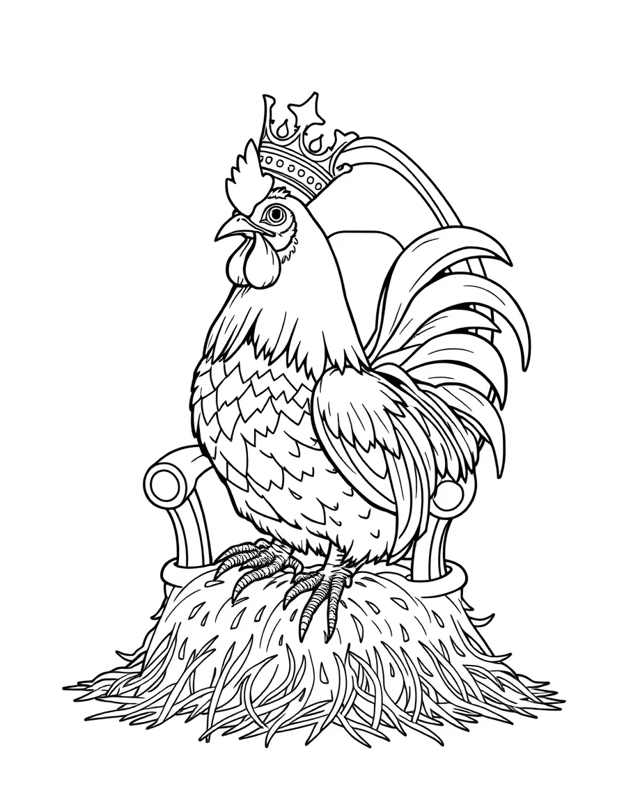 A rooster dressed as a king, sitting on a throne of hay.