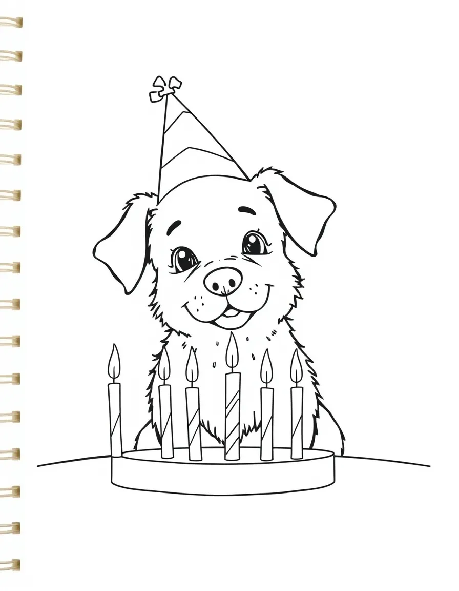 A dog wearing a tiny birthday hat, blowing out candles.