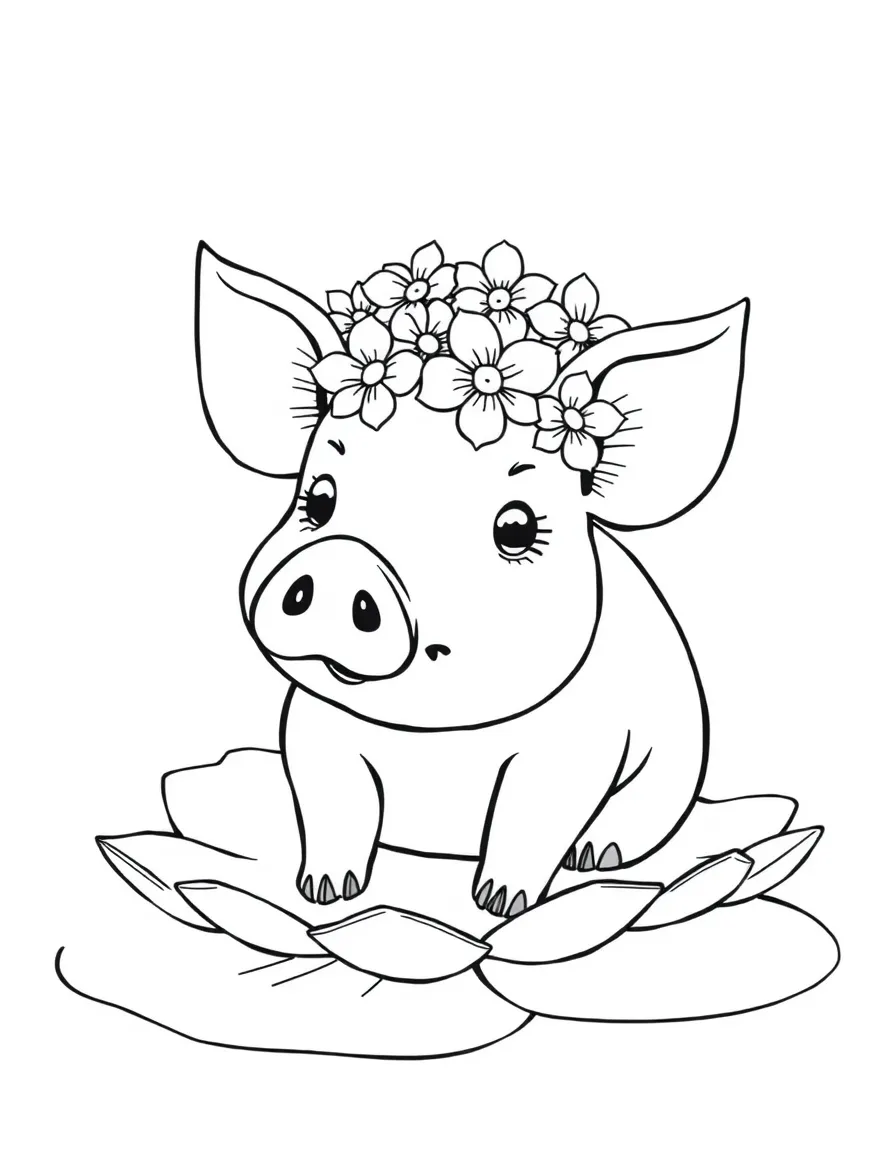 A pig wearing a tiny crown of flowers, floating on a lily pad.