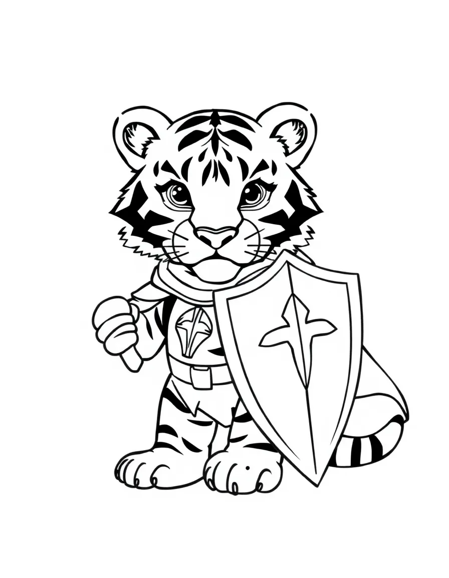 A tiger cub dressed as a knight, protecting a princess.