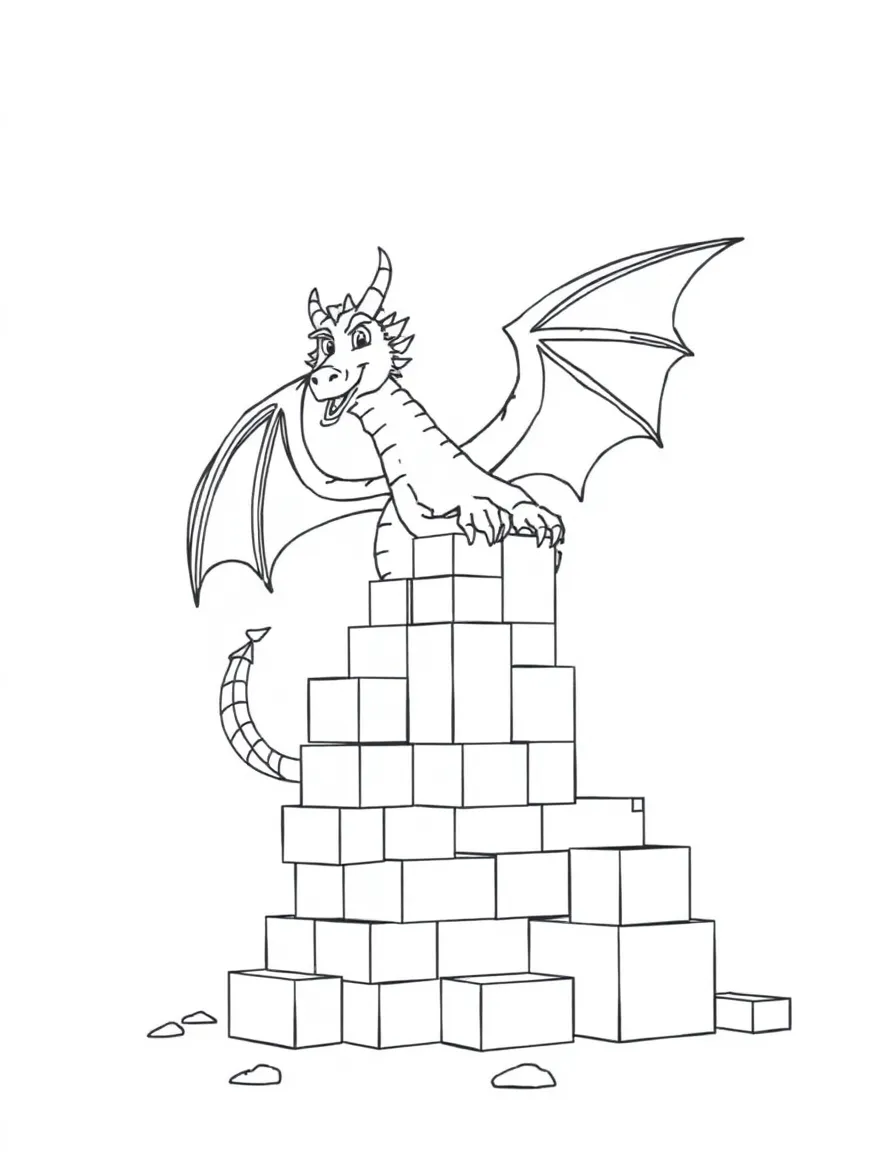 A dragon building a tower of colorful blocks.