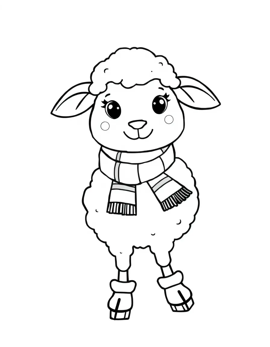 A sheep wearing a tiny scarf, ice skating.