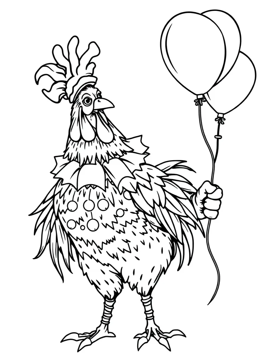 A rooster dressed as a clown, making balloon animals.