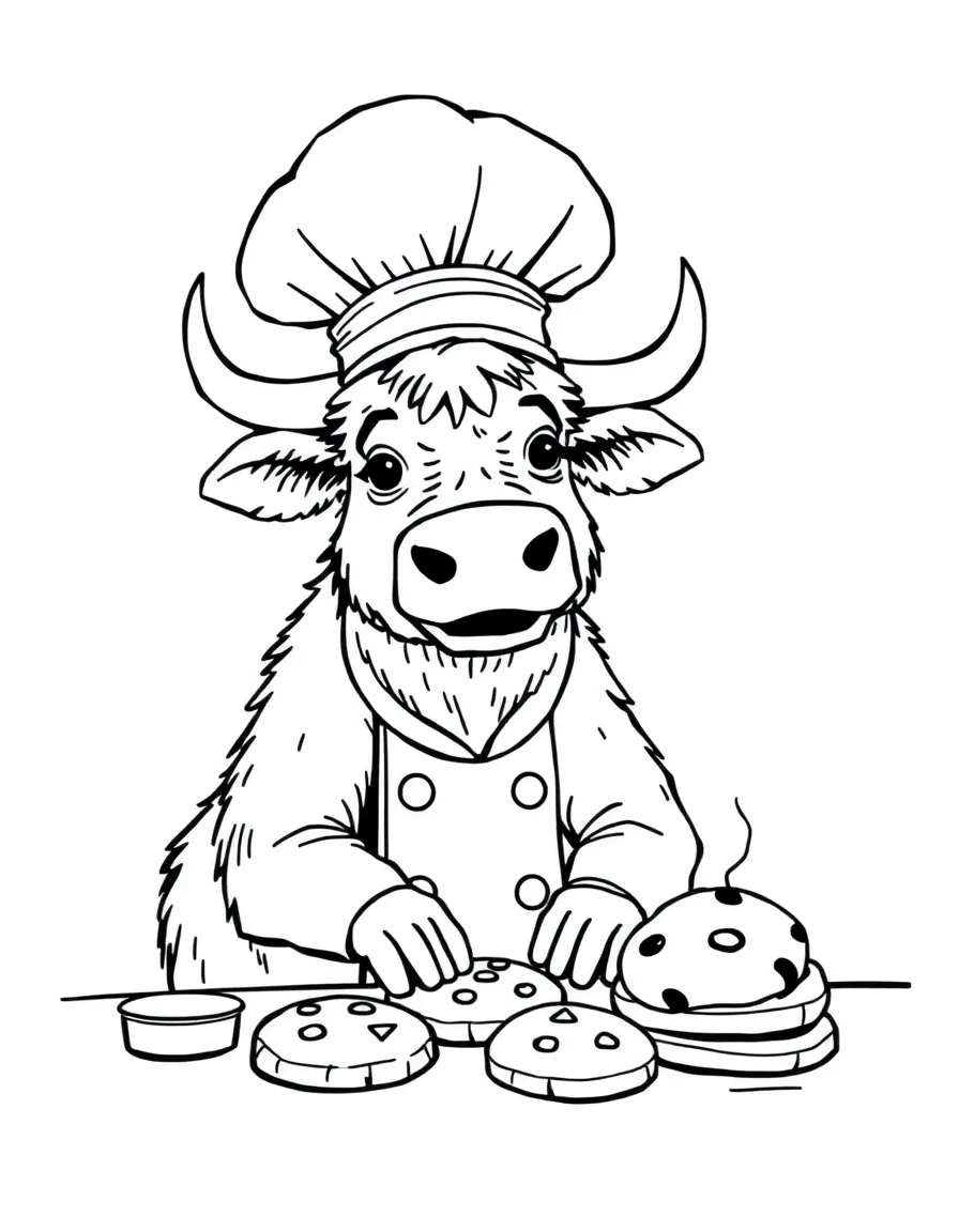 An ox wearing a tiny chef's hat, making giant cookies.