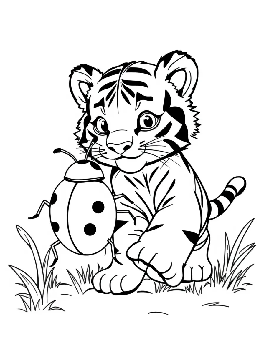 A tiger cub chasing a giant, friendly ladybug.