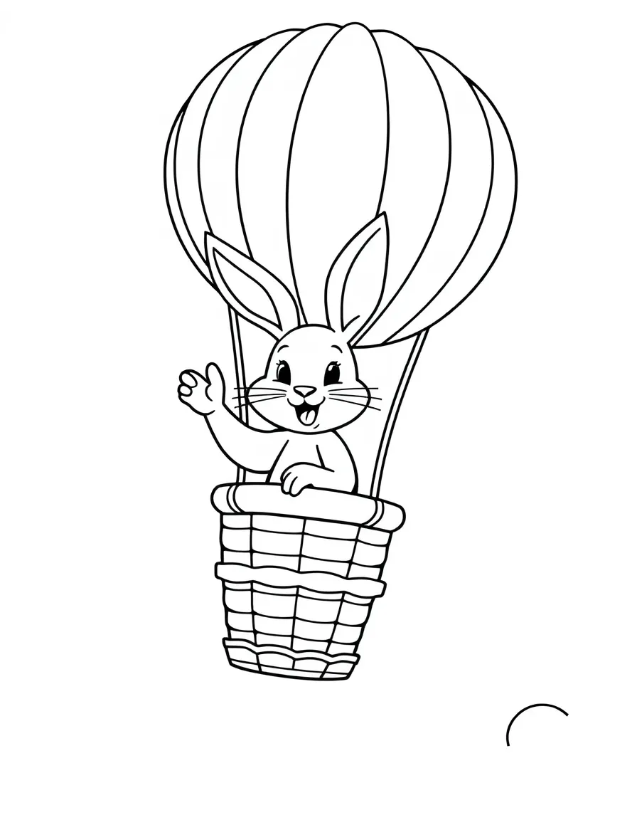 A rabbit riding a hot air balloon, waving from the basket.