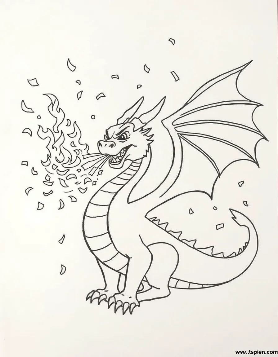 A dragon blowing fire that turns into confetti.