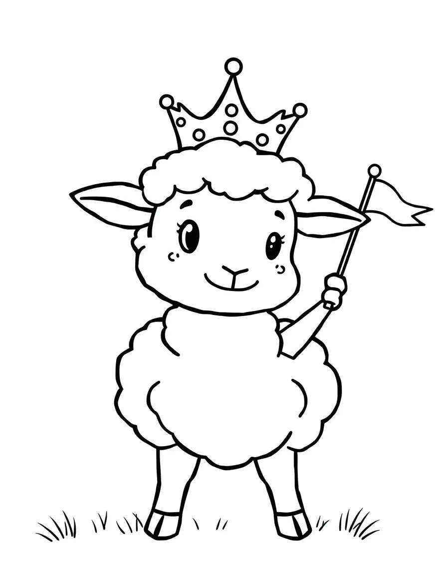 A sheep wearing a tiny crown, waving a tiny flag.
