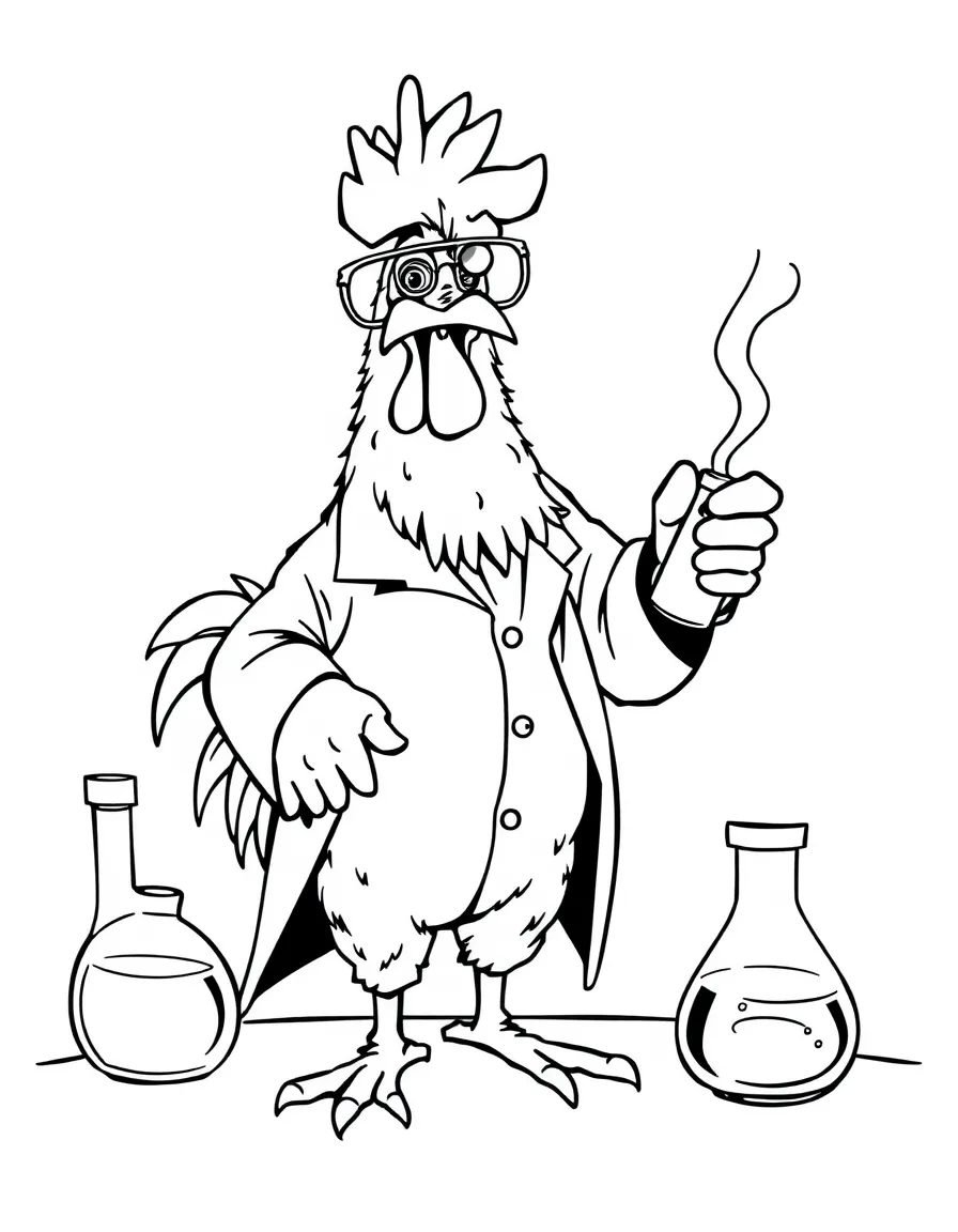 A rooster dressed as a scientist, conducting an experiment.
