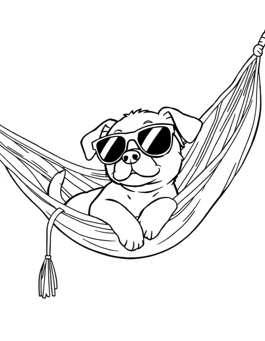 A dog wearing tiny sunglasses, napping in a hammock.