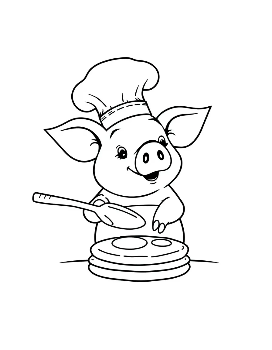 A pig wearing a tiny chef's hat, flipping pancakes.