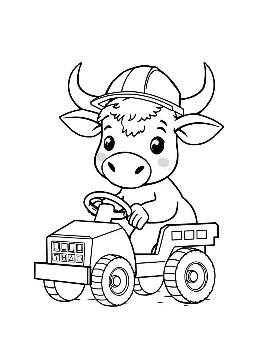 An ox wearing a tiny construction hat, driving a toy truck.