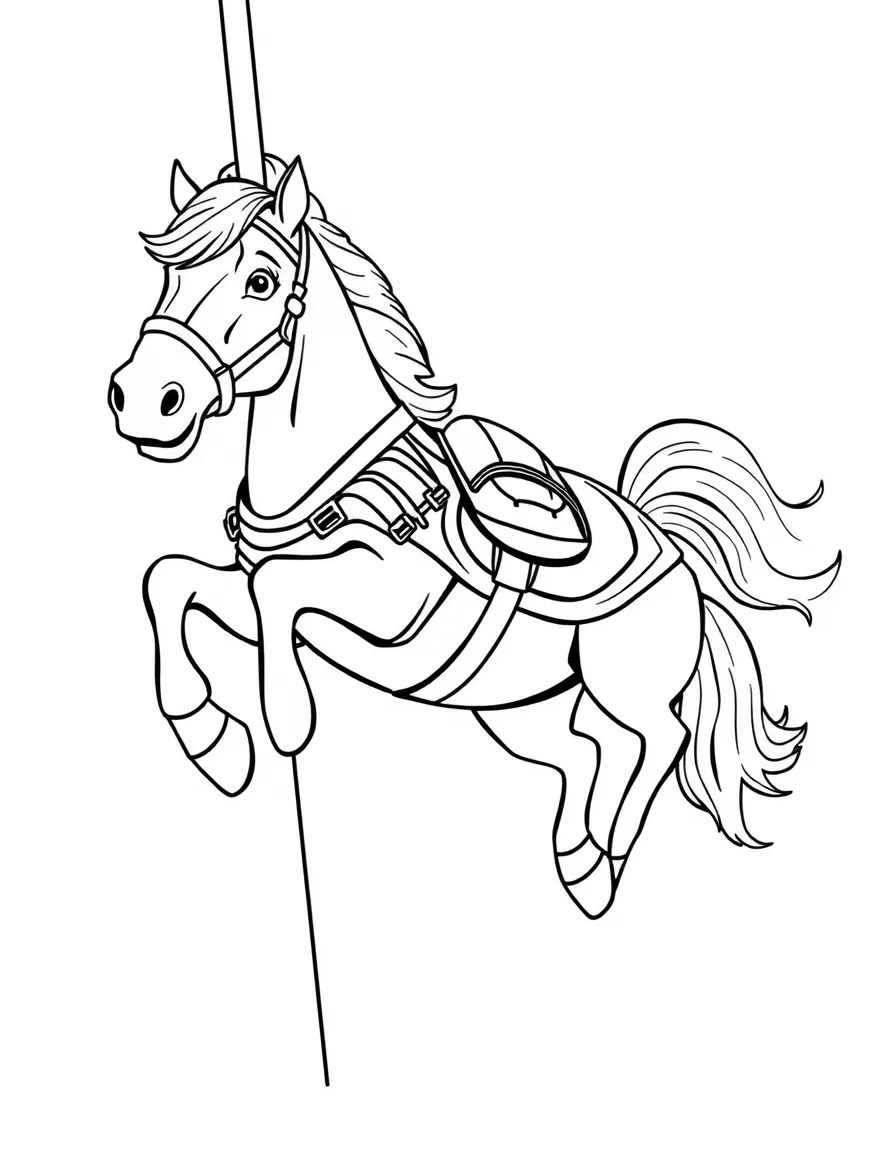A horse dressed as a firefighter, sliding down a pole.