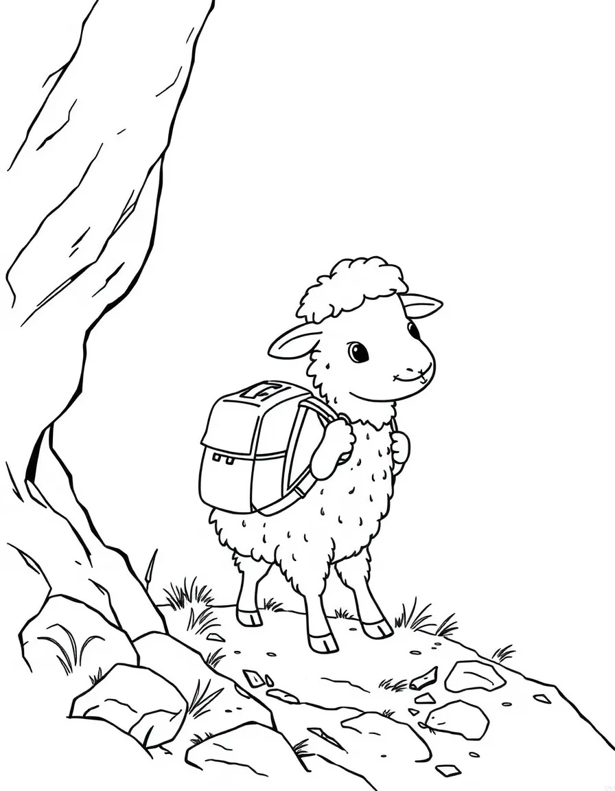 A sheep wearing a tiny backpack, exploring a cave.