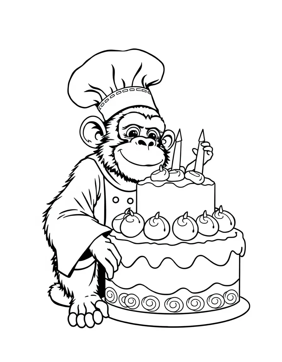 A monkey dressed as a chef, decorating a giant cake.