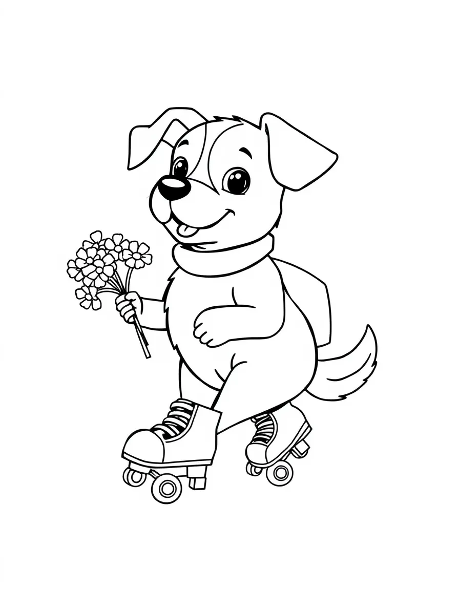 A dog wearing tiny roller skates, delivering flowers.