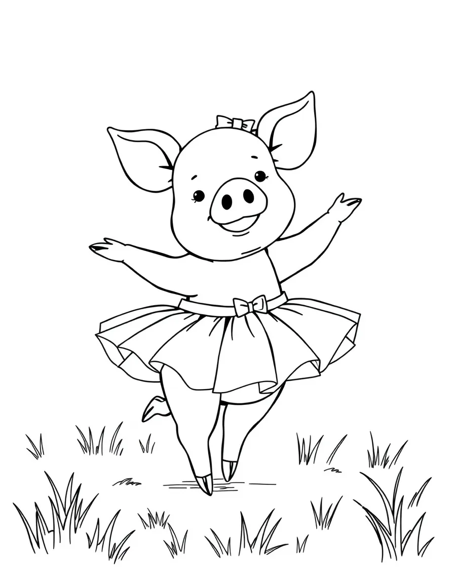 A pig wearing a tiny tutu, twirling in a field.