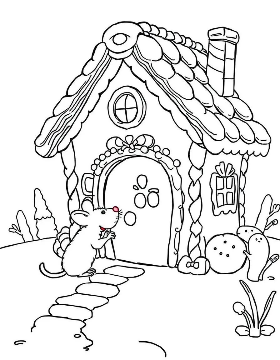 A rat exploring a giant, friendly gingerbread house.