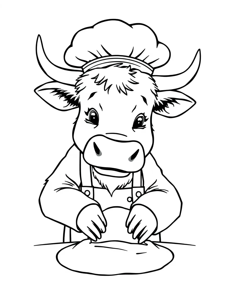 An ox wearing a tiny baker's hat, kneading dough.