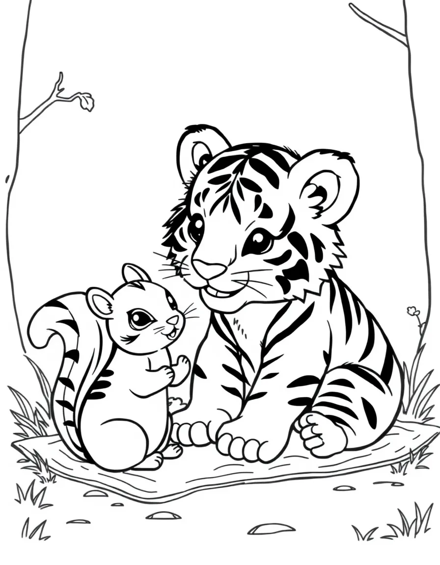 A tiger cub having a picnic with a friendly squirrel.