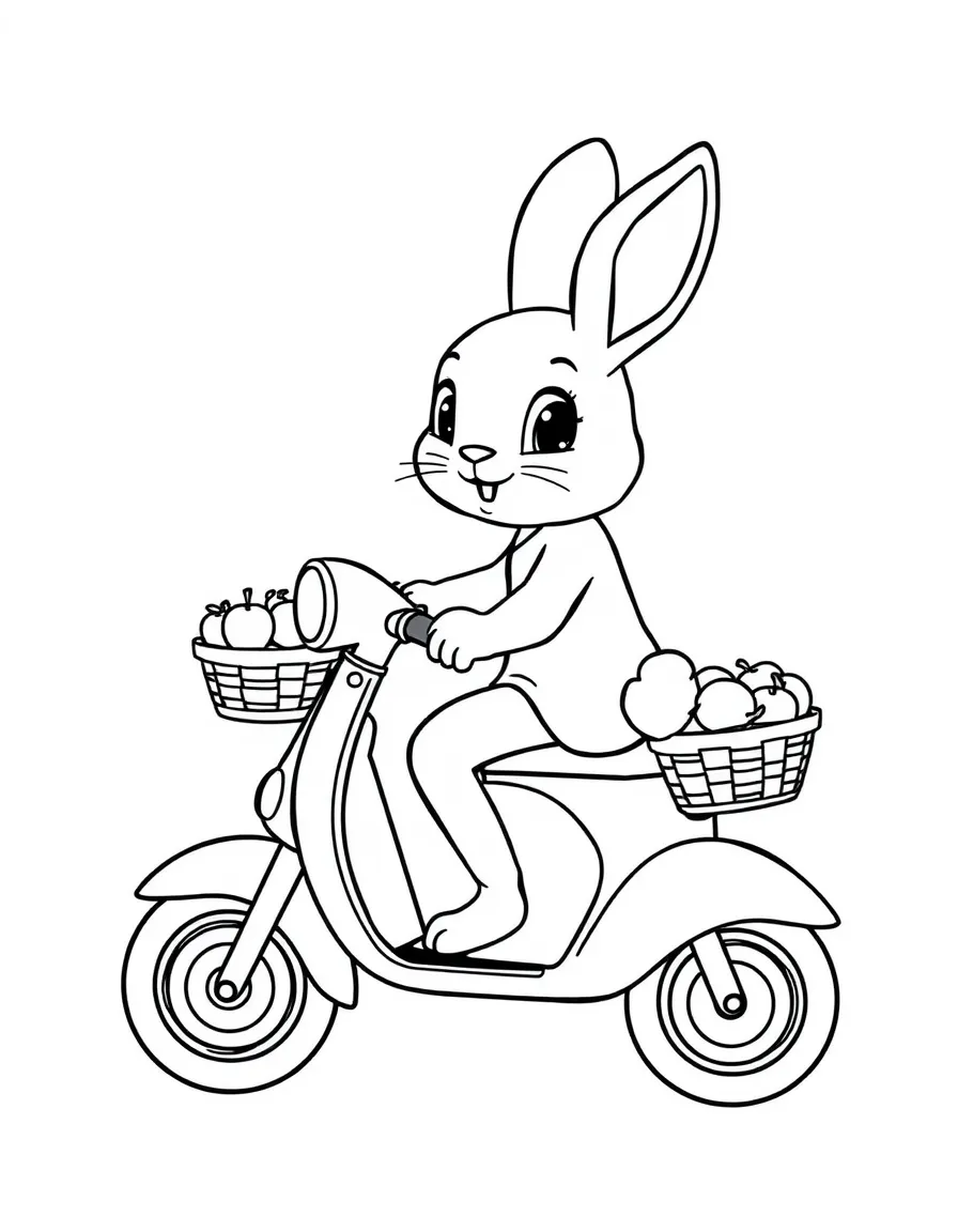 A rabbit riding a scooter, with a basket of apples.
