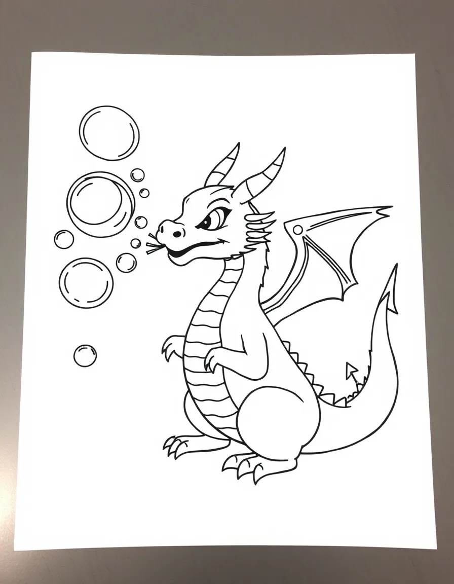 A dragon blowing bubbles that form into shapes.