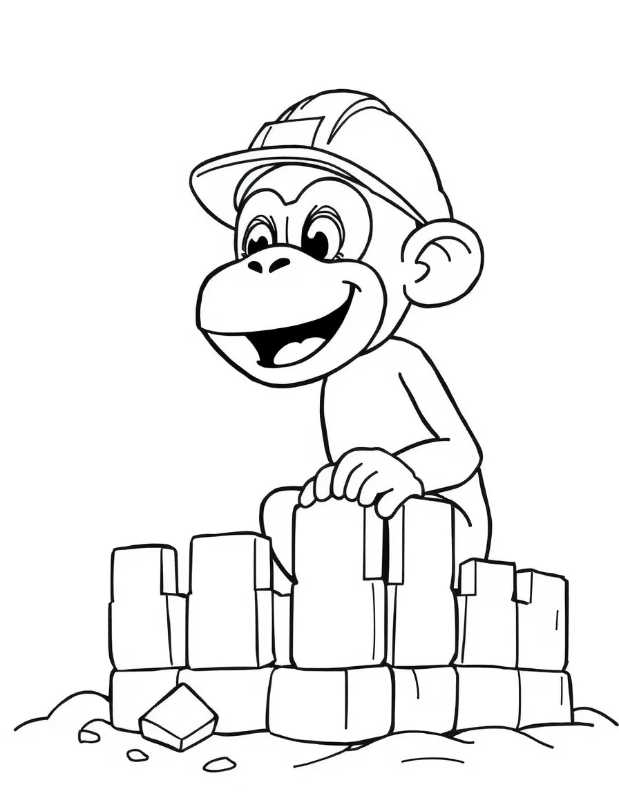A monkey wearing a construction helmet, building a fort.