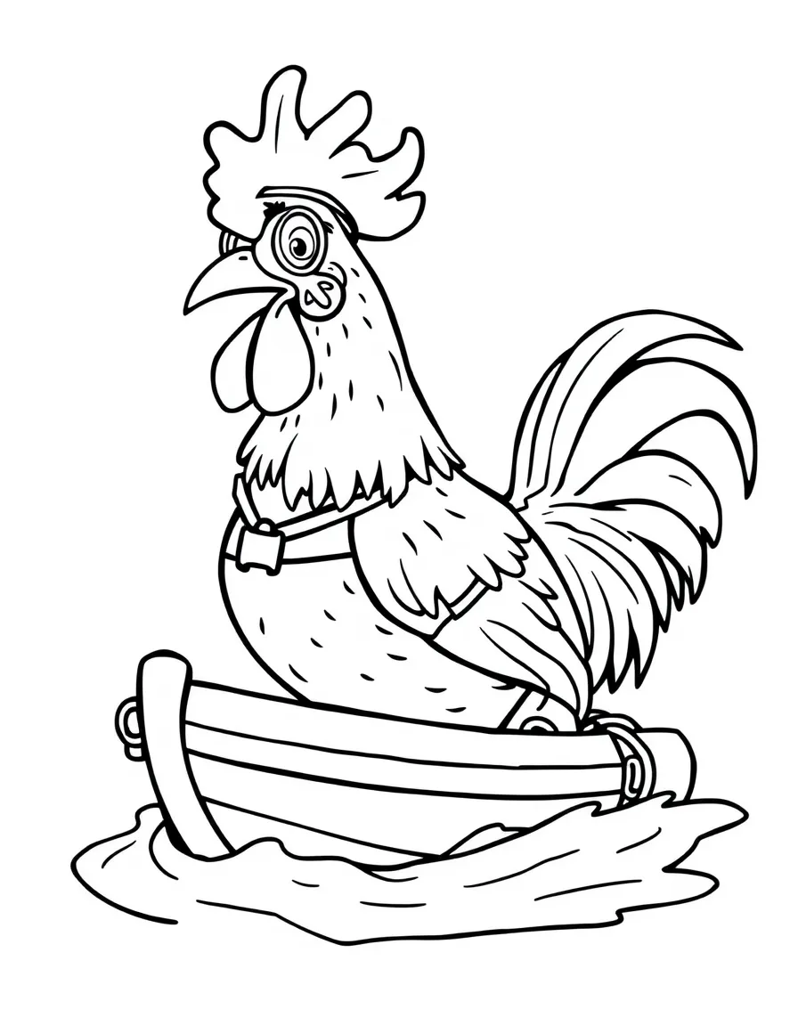 A rooster dressed as a lifeguard, saving a toy boat.