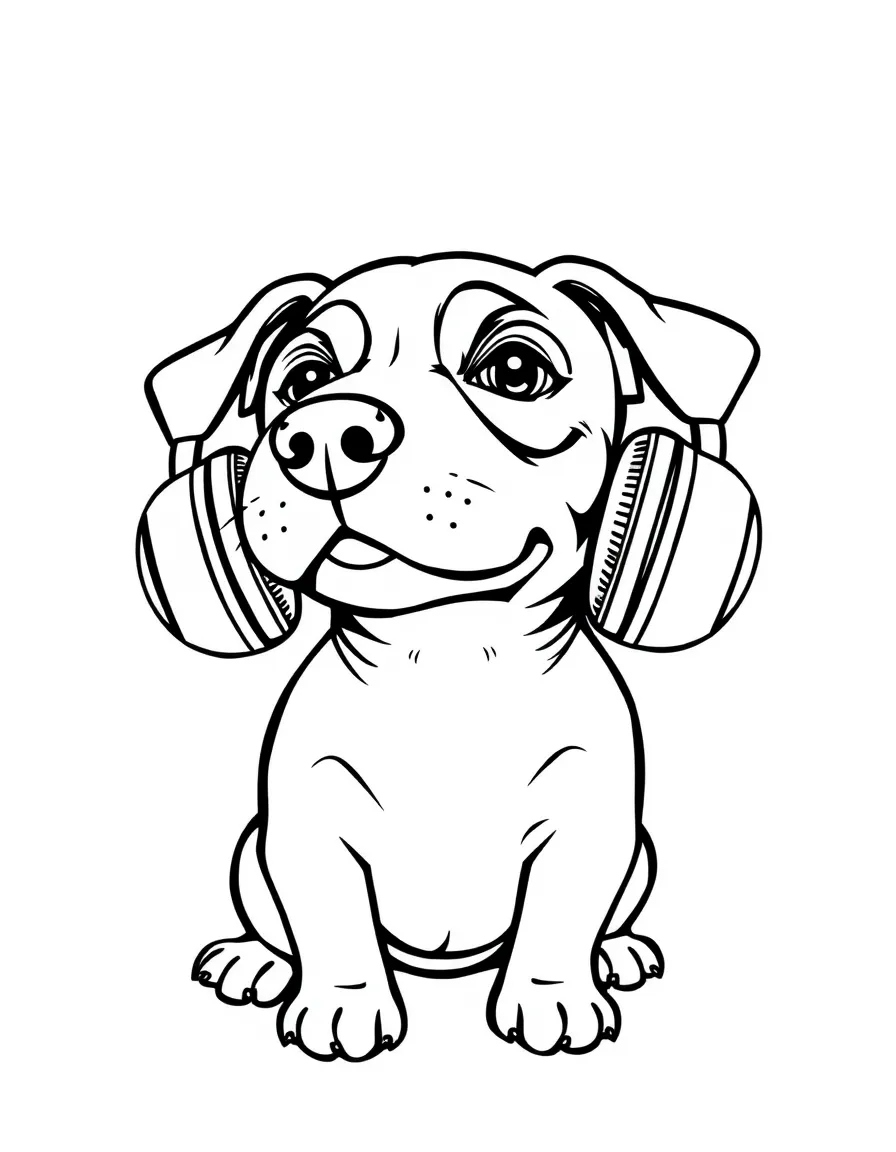 A dog wearing tiny earmuffs, listening to a podcast.