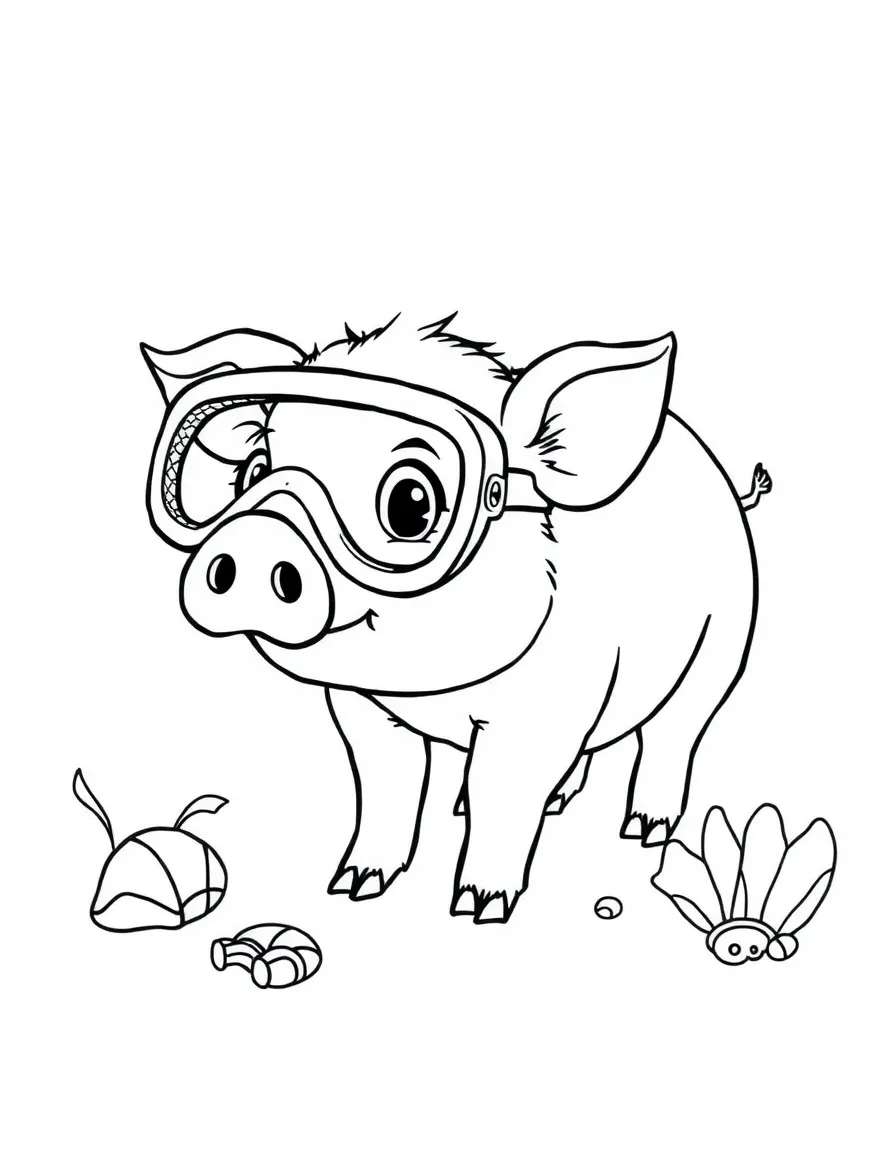 A pig wearing a tiny snorkel, finding shiny shells.