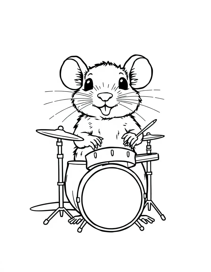 A rat playing a tiny drum set.