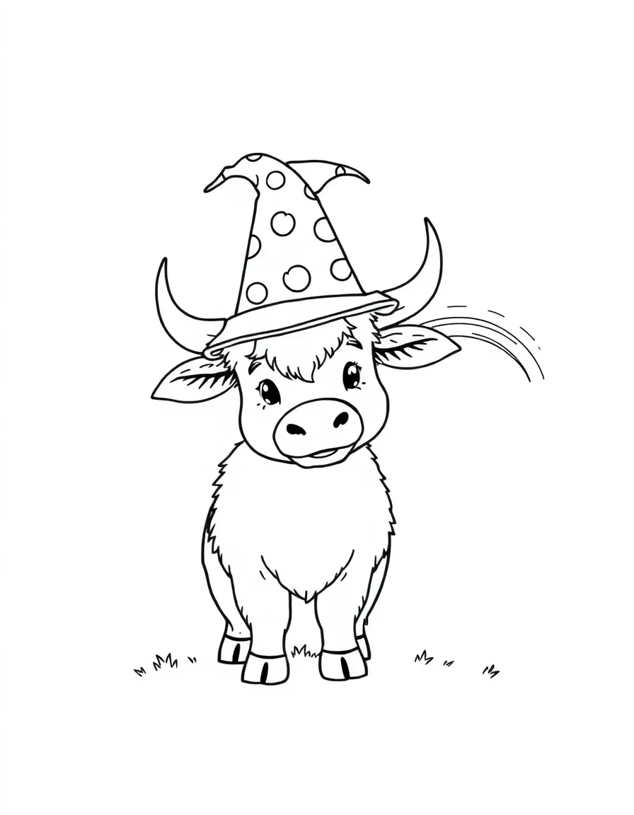 An ox wearing a tiny wizard's hat, making a tiny rainbow.