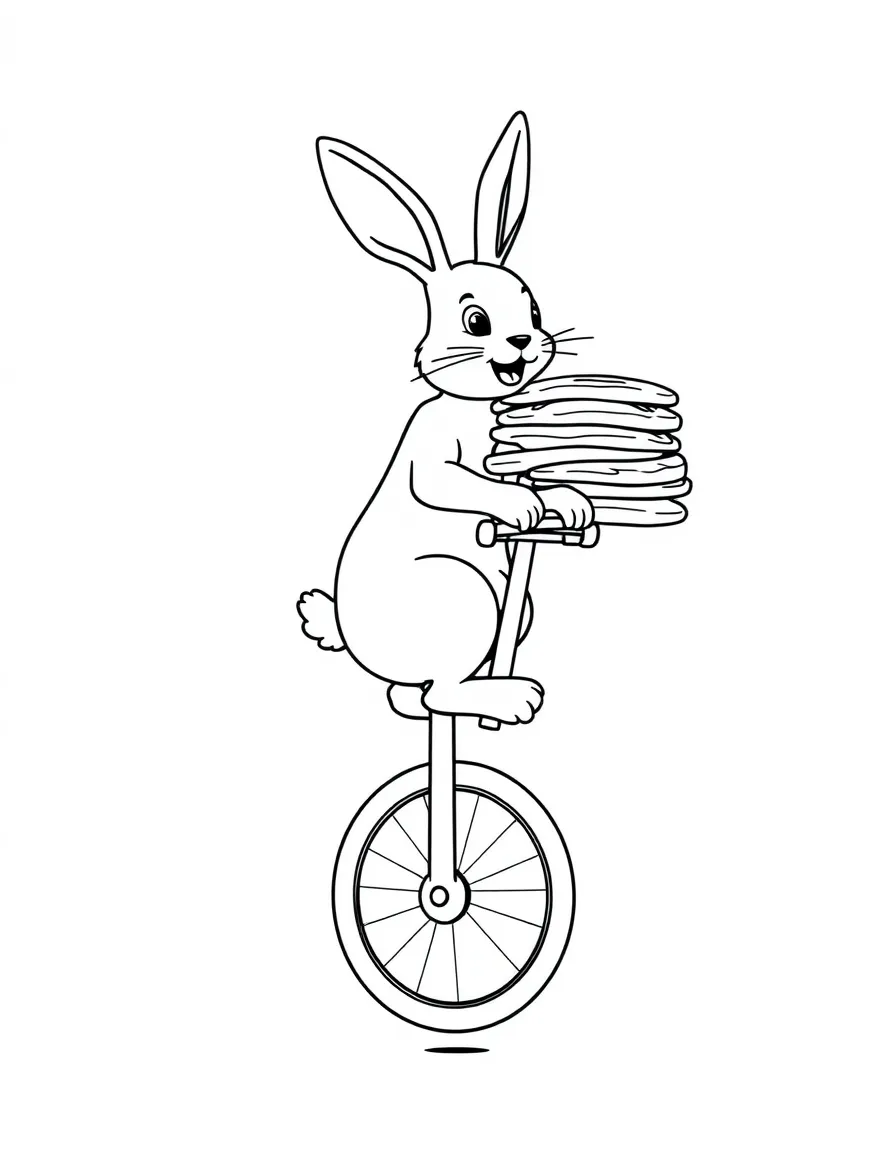 A rabbit riding a unicycle, balancing a stack of pancakes.