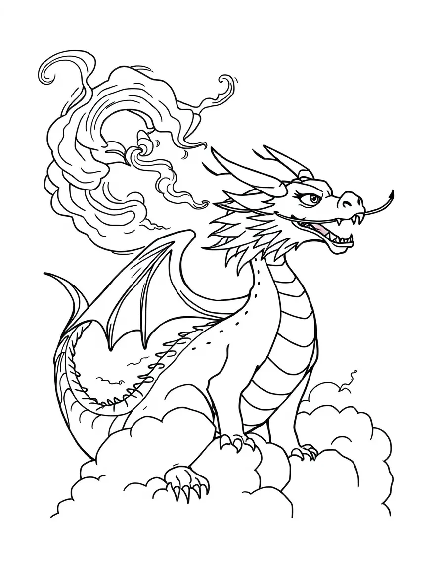 A dragon blowing smoke rings that turn into clouds.