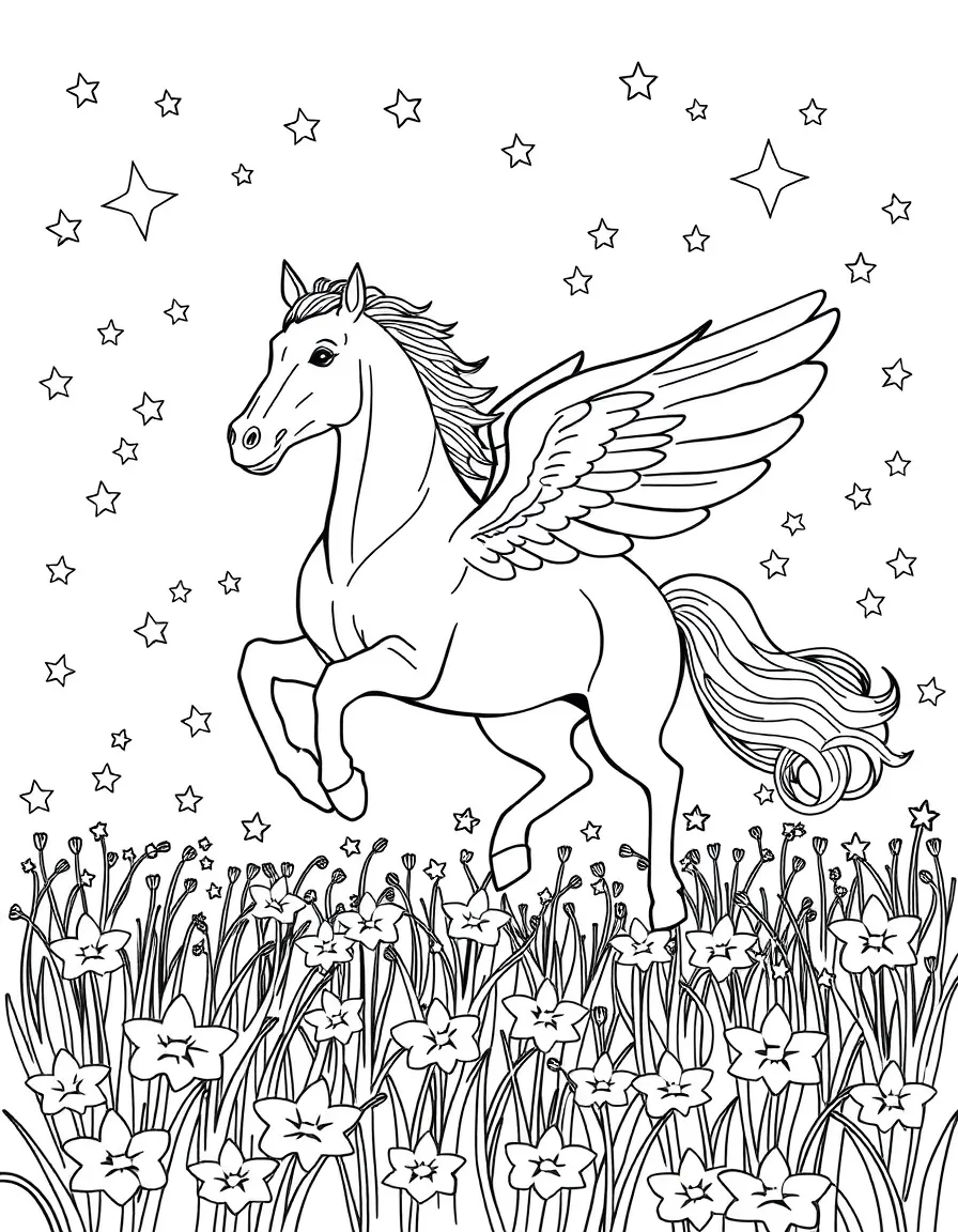 A horse with wings, flying through a field of stars.