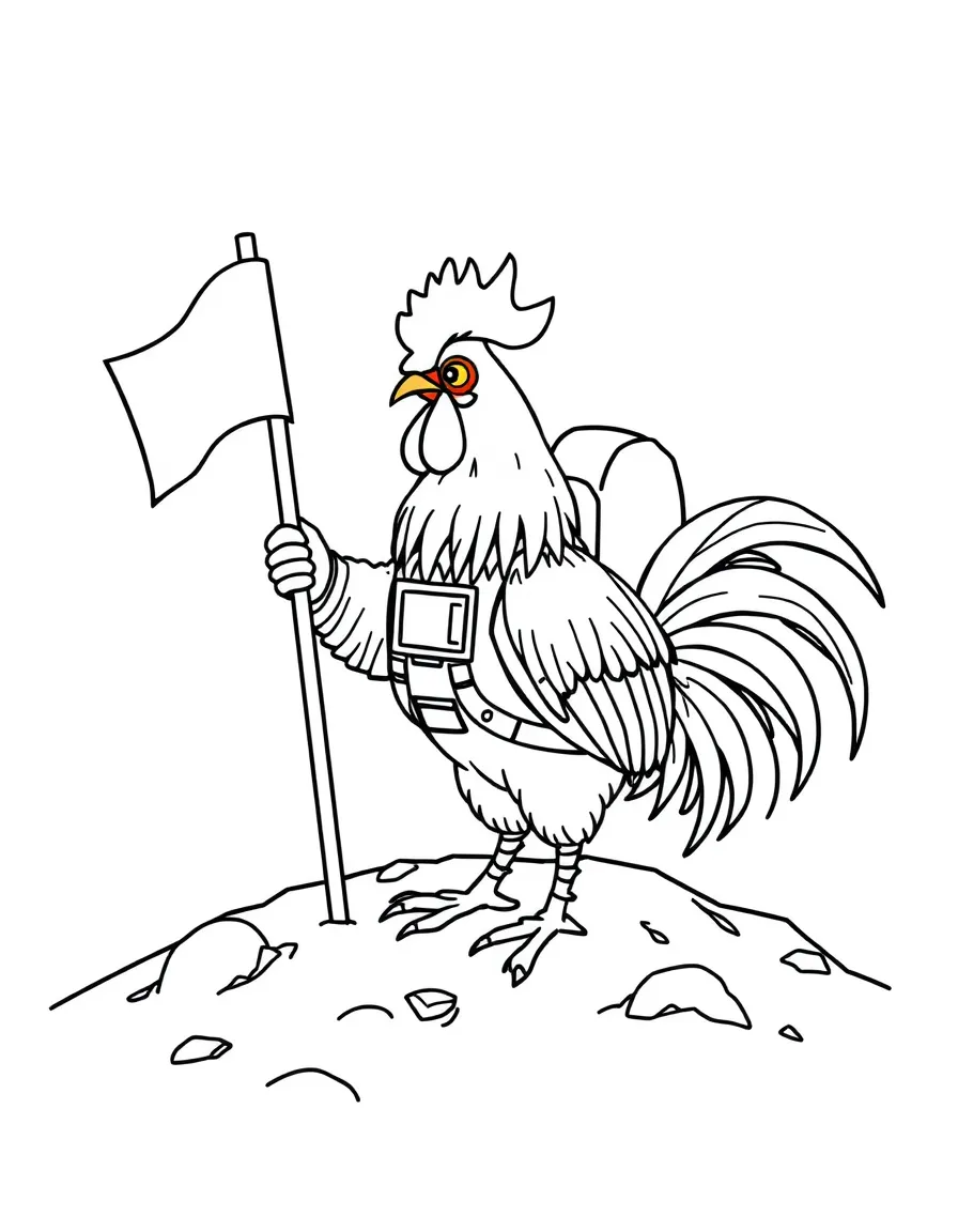 A rooster dressed as an astronaut, planting a flag on the moon.