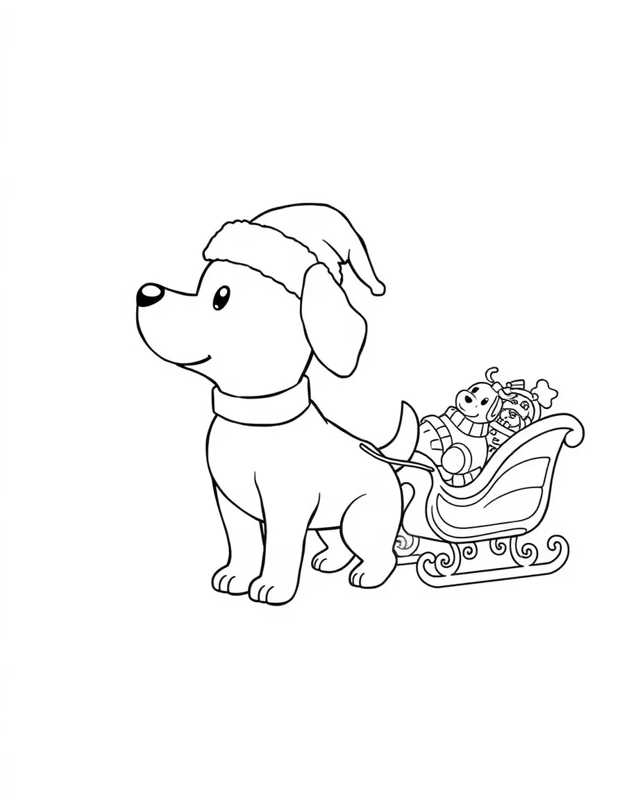 A dog wearing a tiny Santa hat, pulling a sleigh with toys.