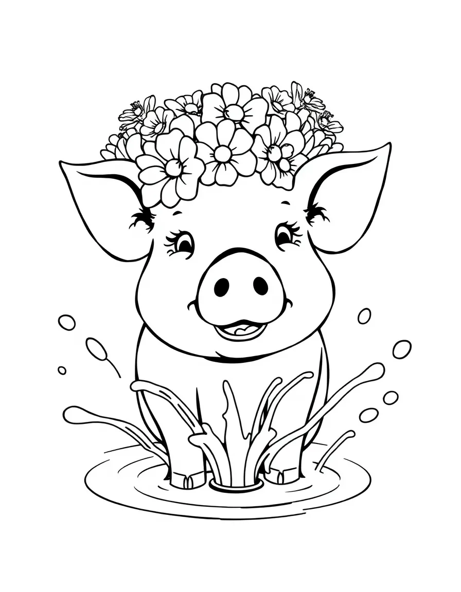 A pig wearing a crown of flowers, splashing in a fountain.