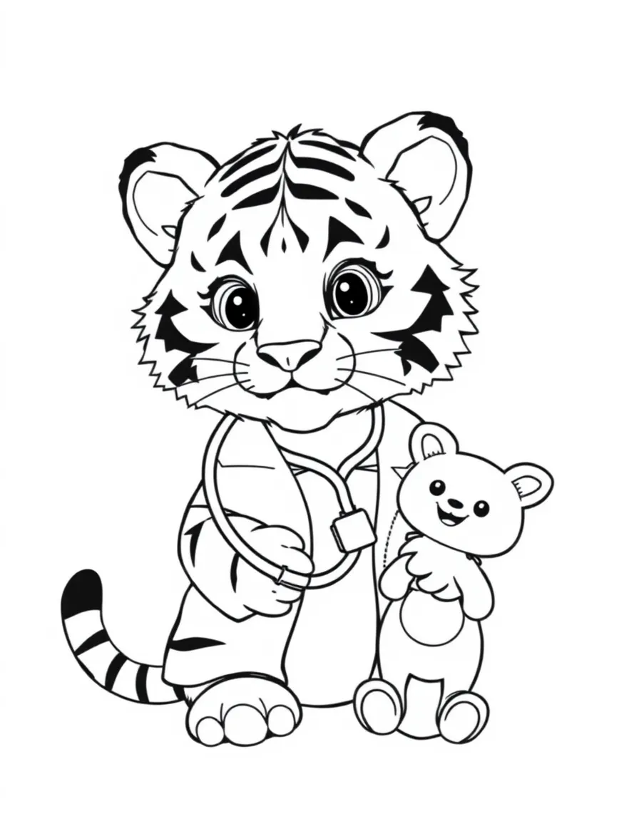 A tiger cub dressed as a doctor, listening to a toy's heart.