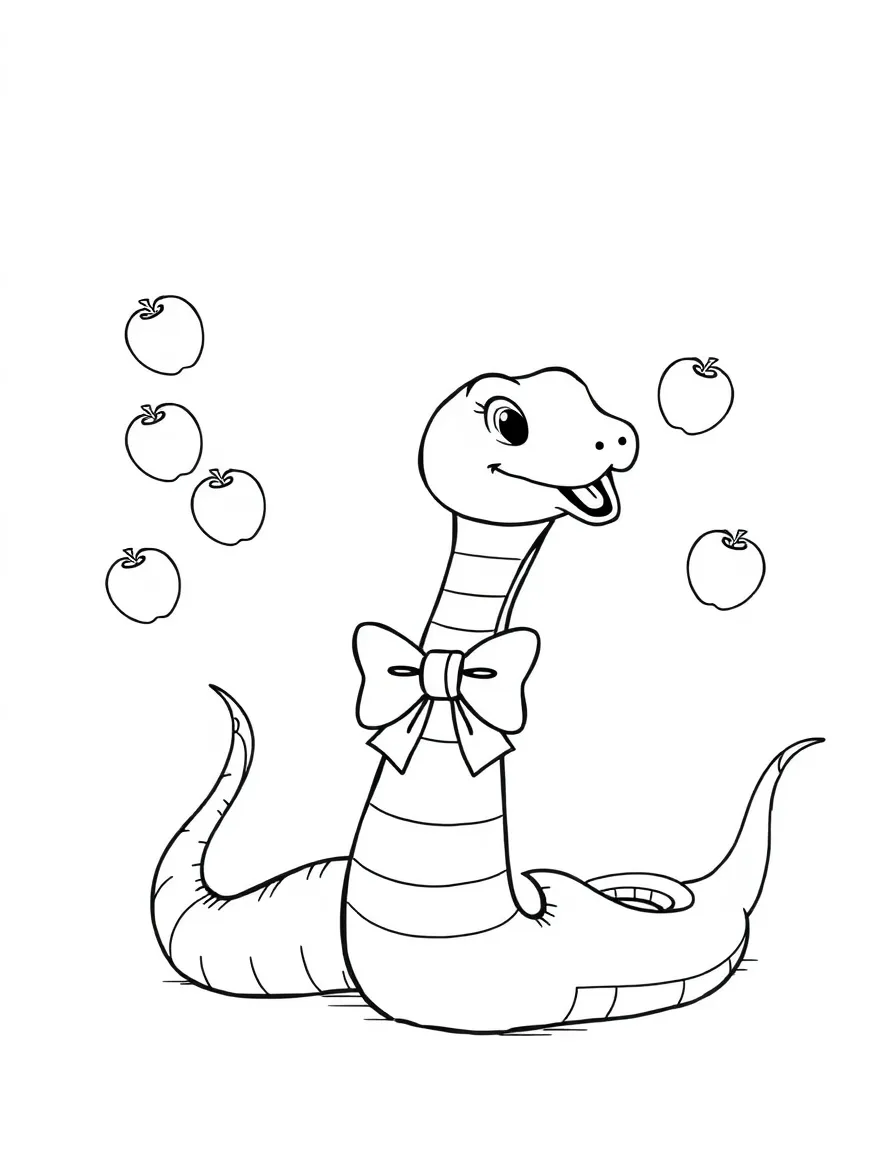 A snake wearing a tiny bow tie, juggling tiny apples.