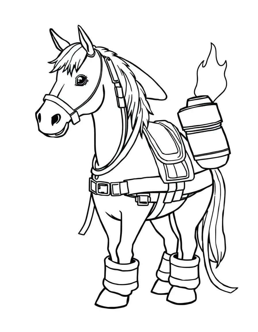 A horse dressed as a firefighter, putting out a pretend fire.