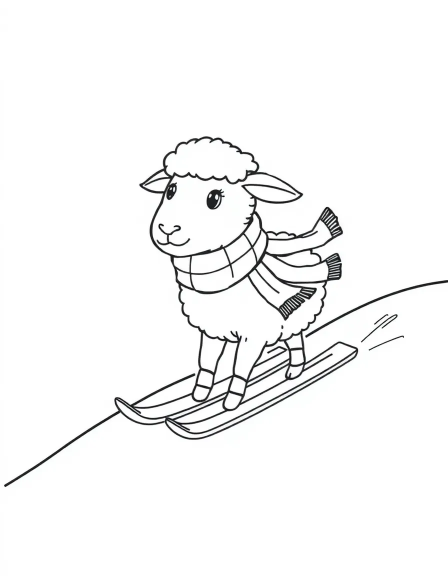 A sheep wearing a tiny scarf, skiing down a snowy hill.