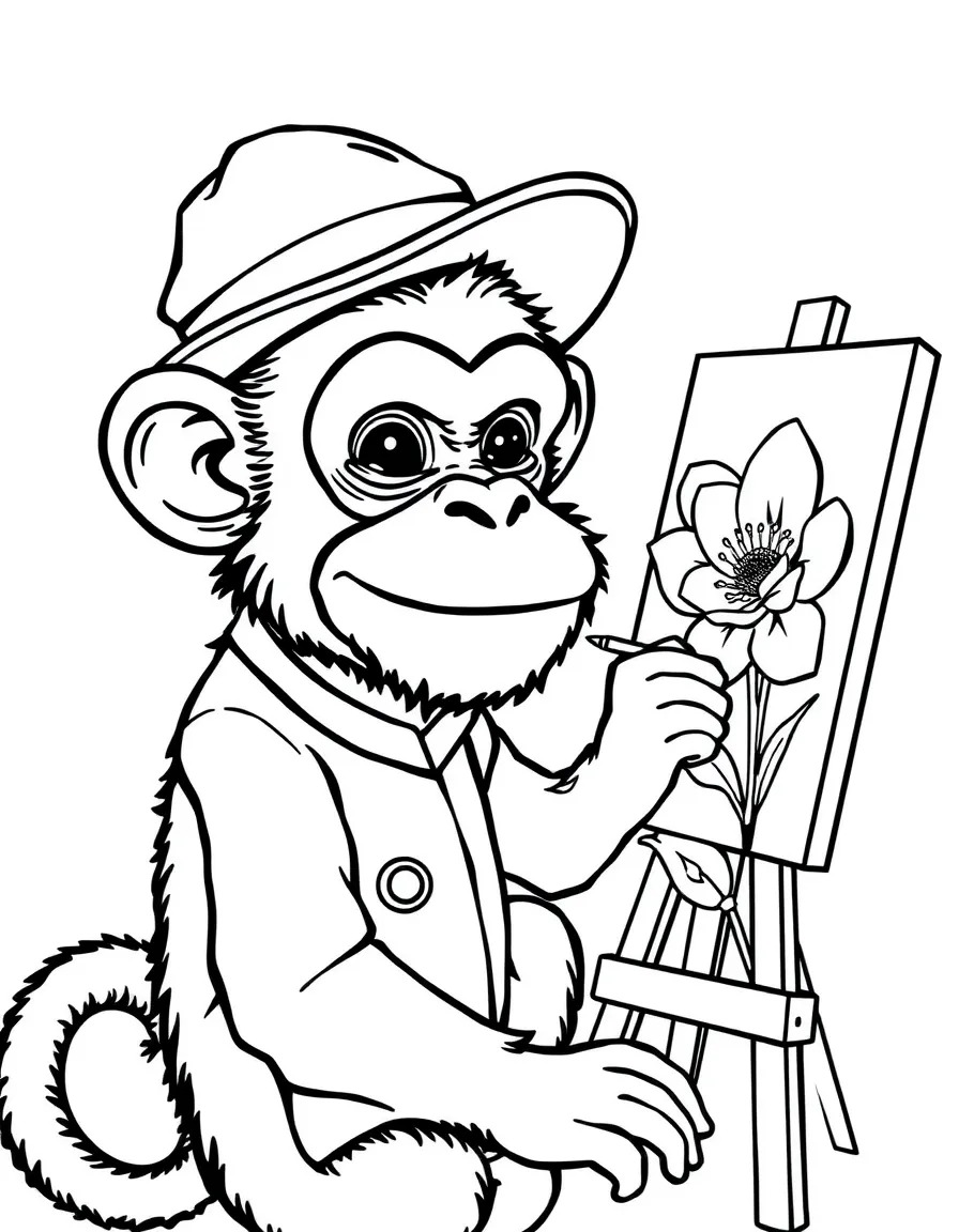 A monkey dressed as a painter, painting a portrait of a flower.