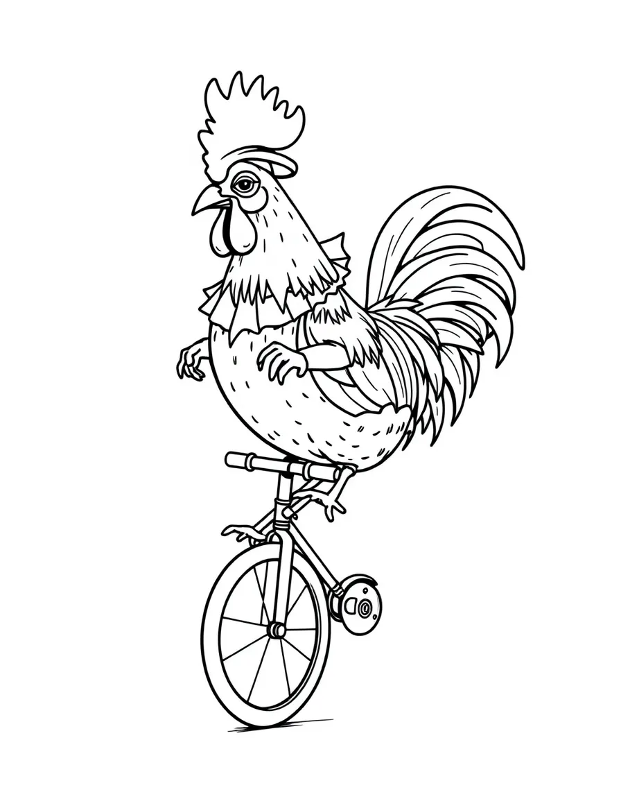 A rooster dressed as a clown, riding a tiny unicycle.