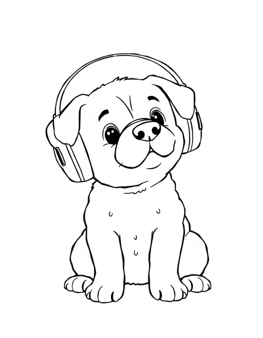 A dog wearing tiny earmuffs, watching a movie.