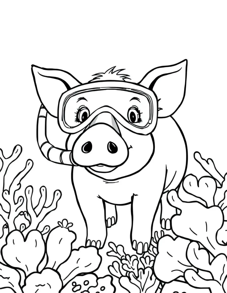 A pig wearing a tiny snorkel, exploring a coral reef.