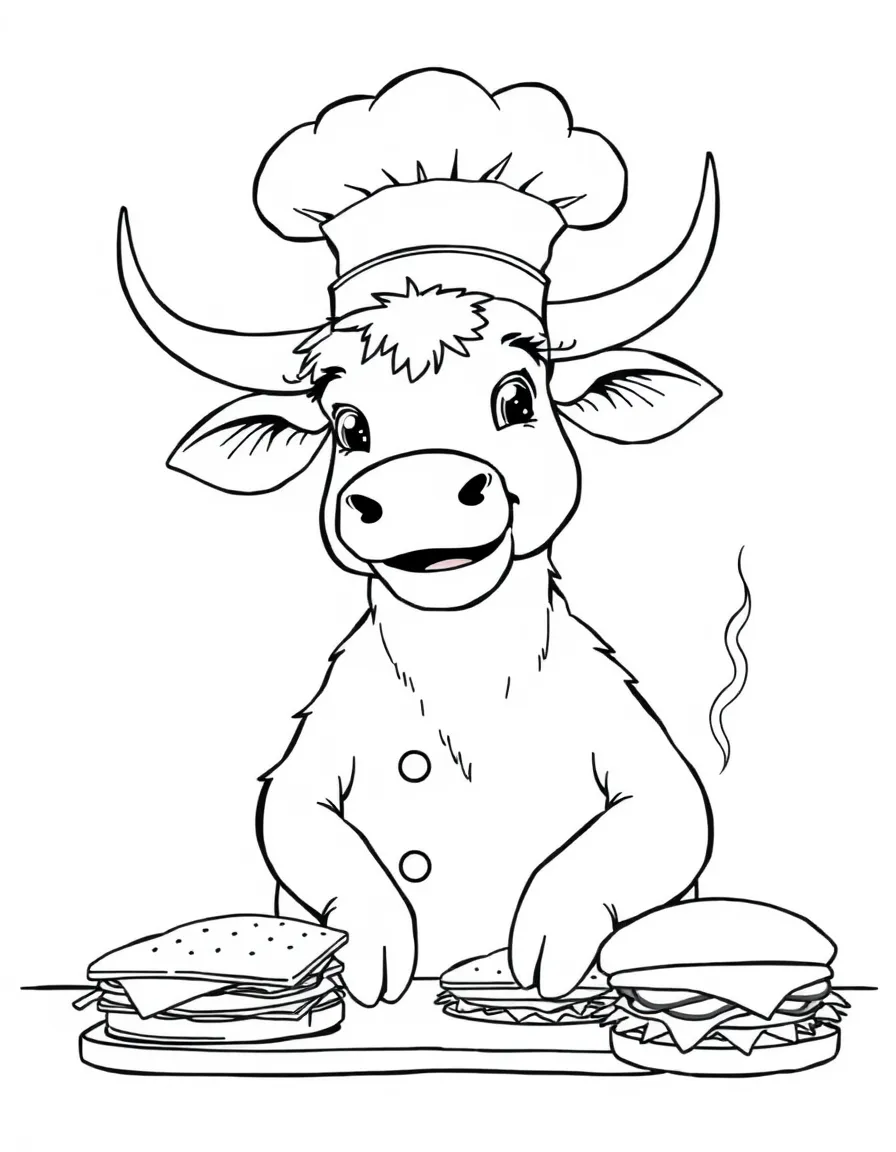 An ox wearing a tiny chef's hat, making giant sandwiches.