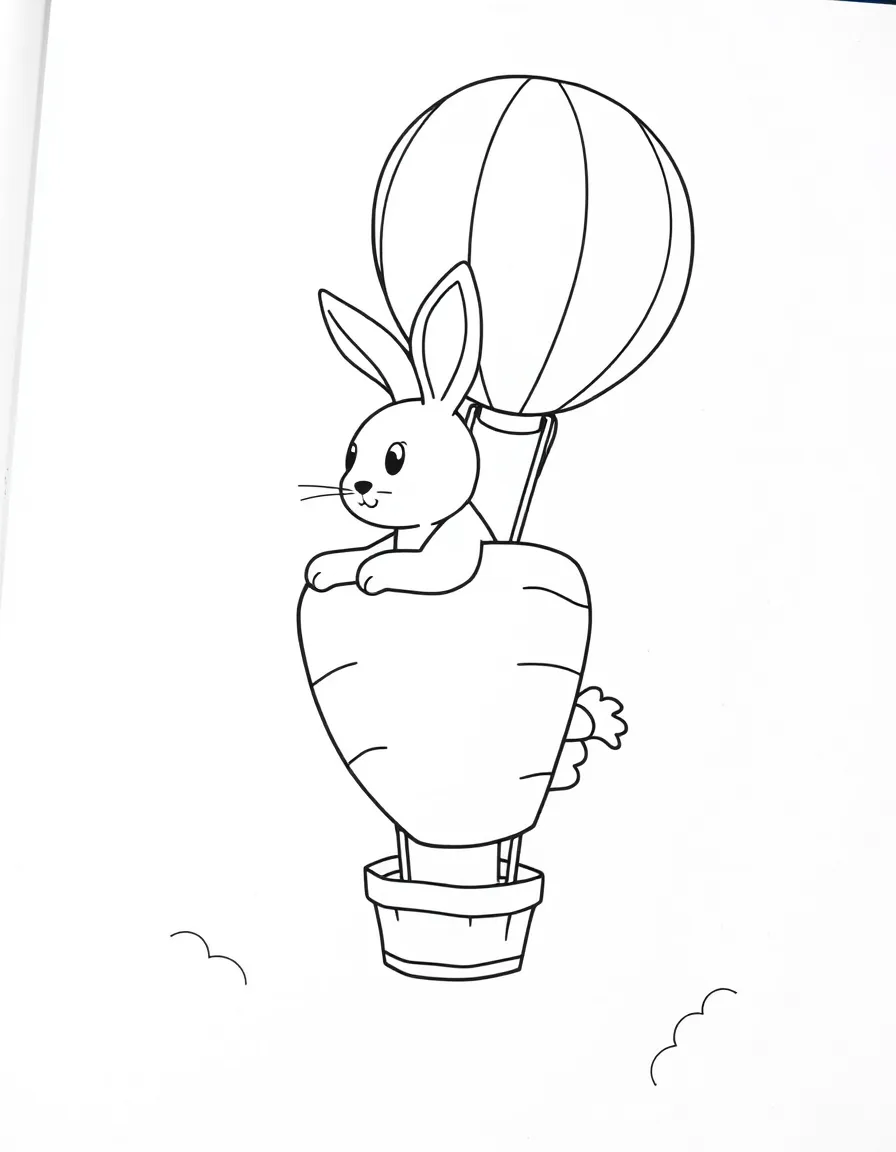 A rabbit riding a hot air balloon shaped like a carrot.
