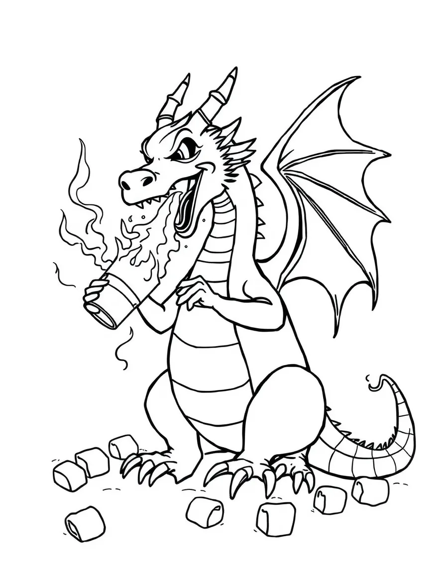 A dragon blowing fire that turns into marshmallows.