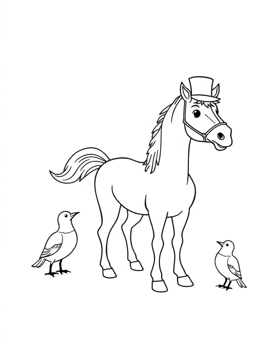 A horse wearing a tiny top hat, directing a choir of birds.